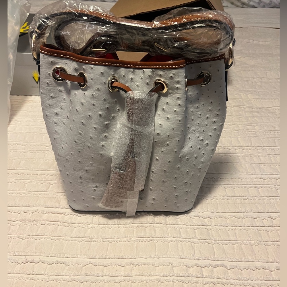 Dooney & Bourke Ostrich Small Drawstring Bucket Bag in Bone